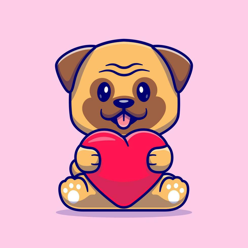 schattig mopshond hond Holding liefde tekenfilm vector icoon illustratie. dier liefde icoon concept geïsoleerd premie vector. vlak tekenfilm stijl