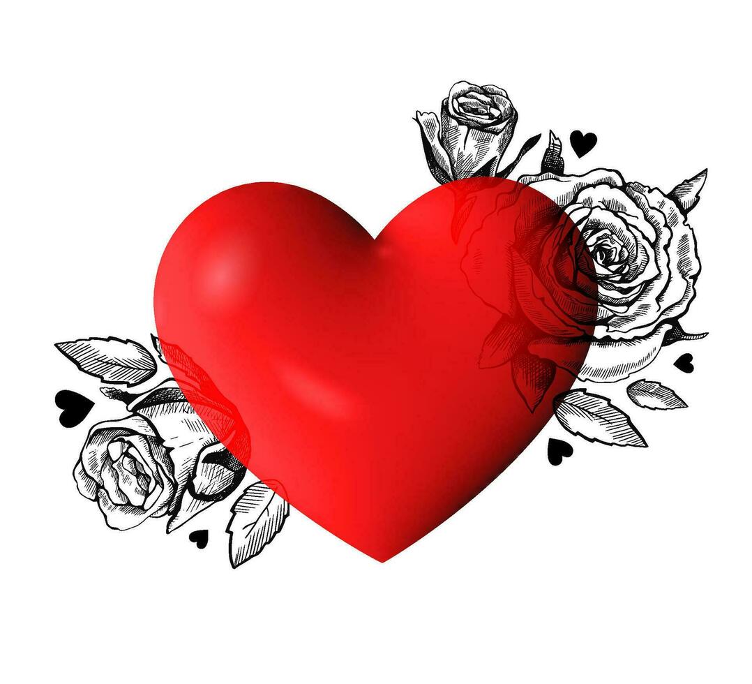 gelukkig Valentijnsdag dag. 3d hart met hand getekend rozen. vector modern illustratie