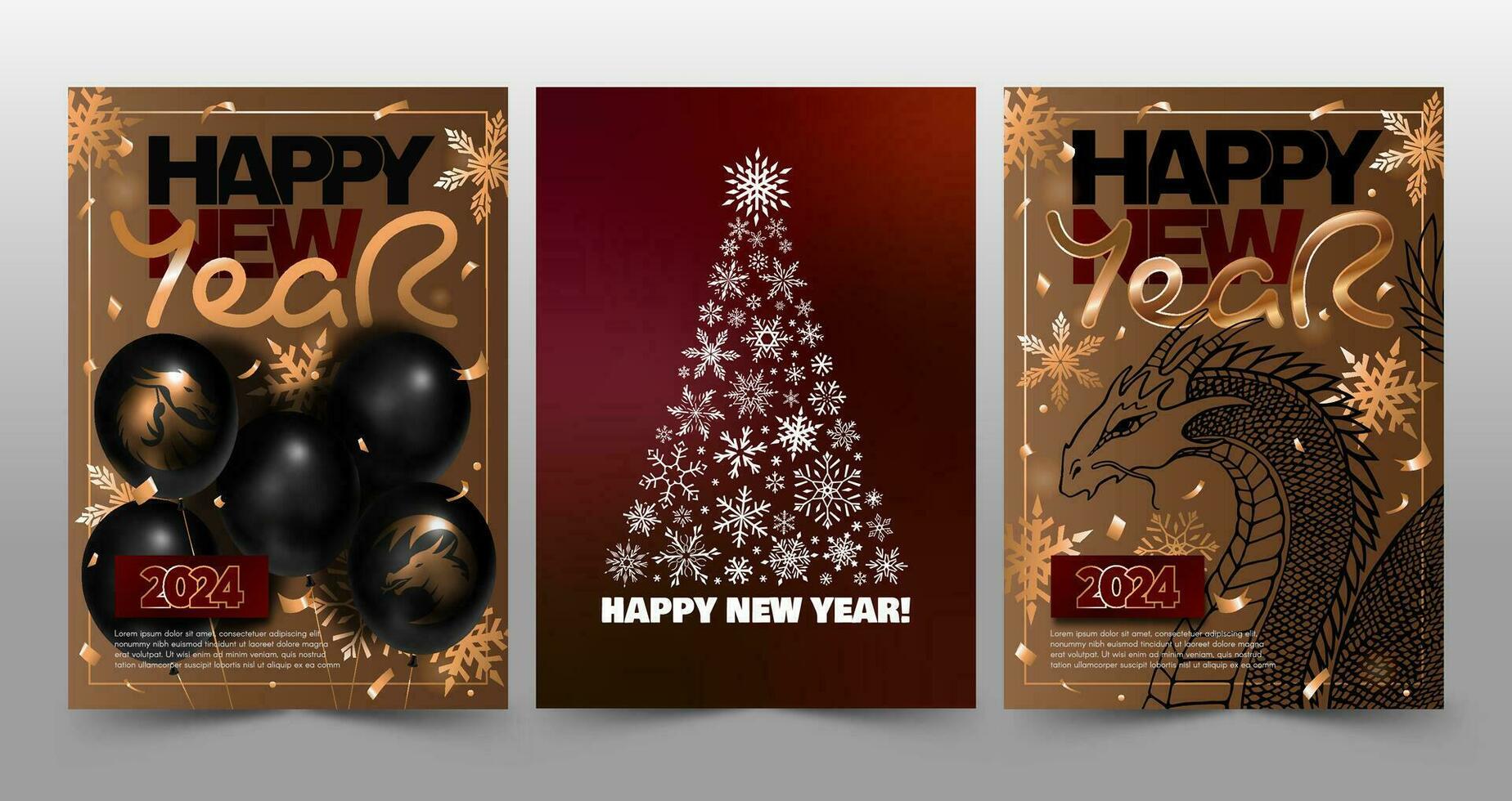 reeks van gelukkig nieuw jaar 2024 posters met draken, ballonnen, sneeuwvlokken, en tekst in goud, rood, en zwart kleuren. vector 3d illustratie.