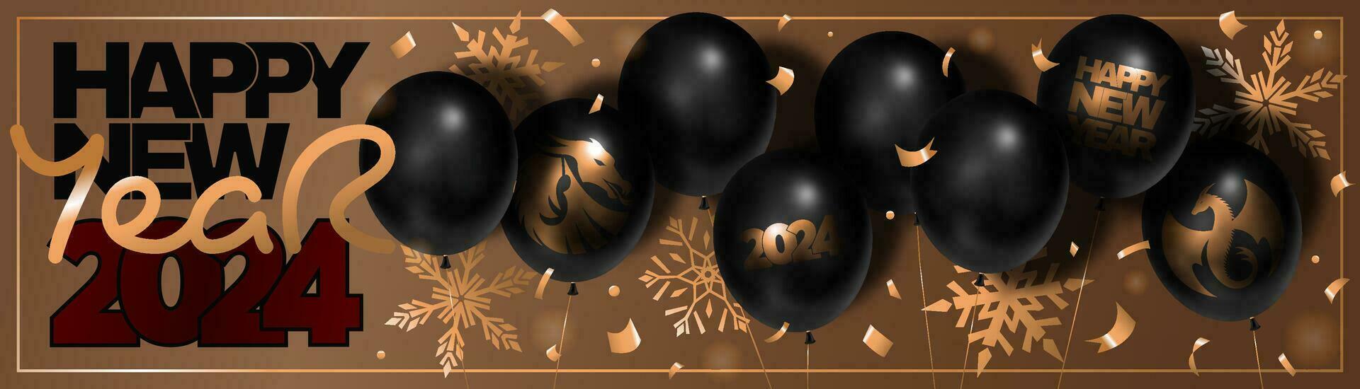 gelukkig nieuw jaar 2024 lang banier met draken, ballonnen, sneeuwvlokken, en felicitatie- tekst in goud en zwart kleuren. vector 3d illustratie.