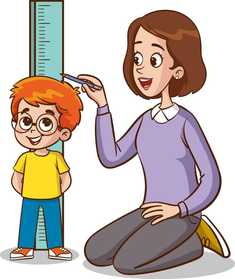 vector illustratie van kinderen meten hoogte met mam