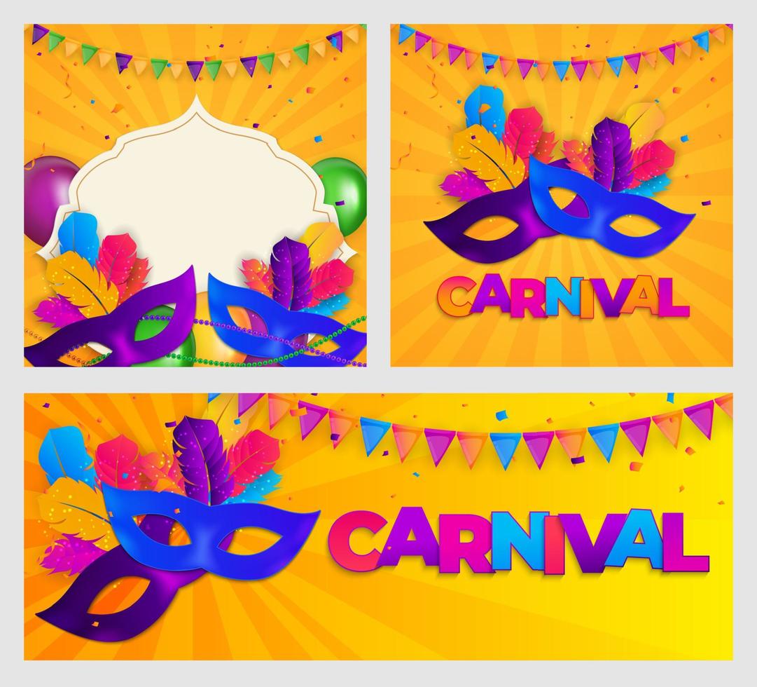 carnaval achtergrond set.traditional masker met veren en confetti voor fesival, masquerade, parade.template voor ontwerp uitnodiging, flyer, poster, banners. vector illustratie eps10