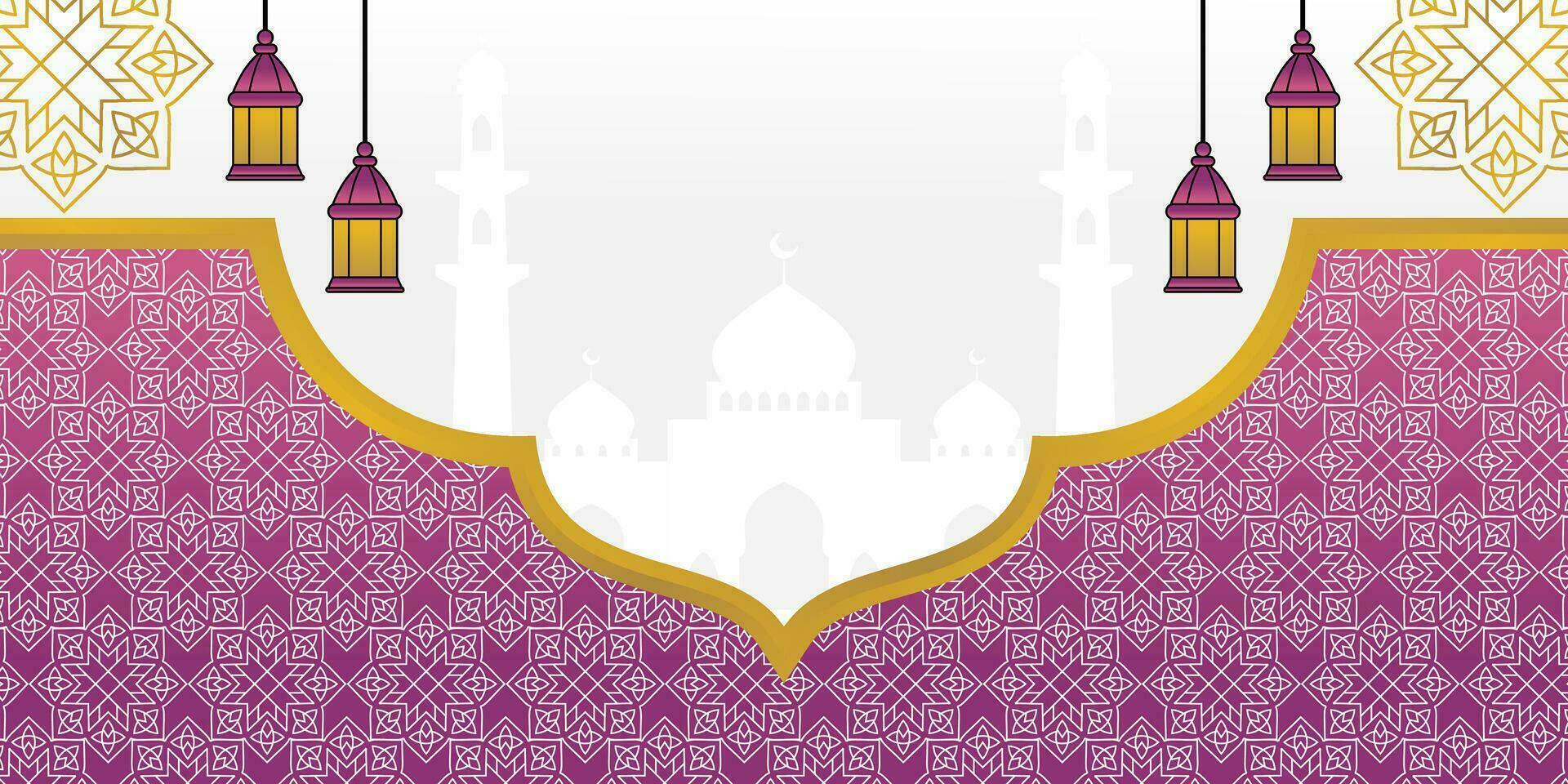 Purper Islamitisch achtergrond, met lantaarn ornament, mandala en moskee silhouet. vector sjabloon voor banier, groet kaart voor Islamitisch vakantie, eid al fitr, Ramadan, eid al-adha