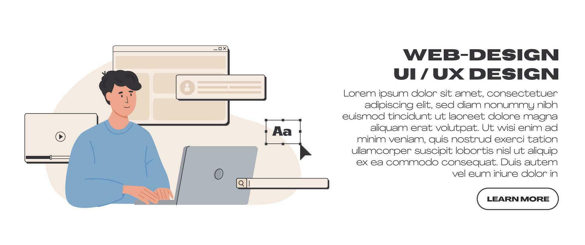 web ui ux ontwerp web banier sjabloon. freelancer Bij werk creëren inhoud. website ontwikkeling. online bedrijf, marketing, communicatie. inhoud manager werken Aan laptop. vector vlak illustratie.