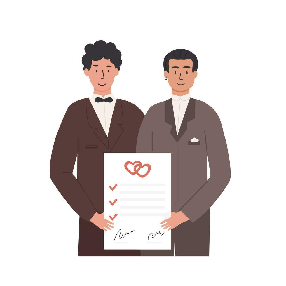 een schattig mannetje paar Holding ondertekend huwelijk certificaat. gelukkig getrouwd homo mannen met huwelijkse voorwaarden document. pasgetrouwde lgbtq echtgenoten. romantisch dezelfde seks huwelijk van liefde partner. vector vlak stijl illustratie