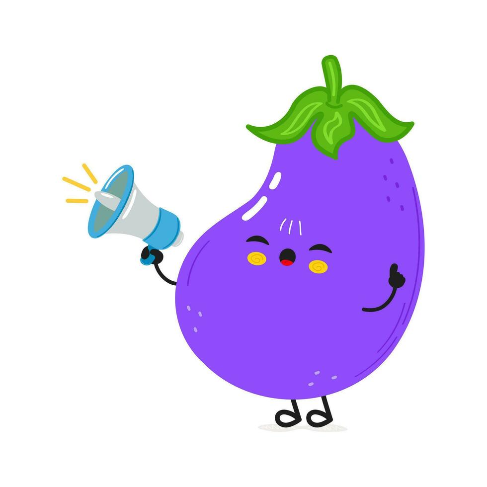 aubergine met luidspreker karakter. vector hand- getrokken tekenfilm kawaii karakter illustratie icoon. geïsoleerd Aan wit achtergrond. aubergine schreeuwt karakter concept