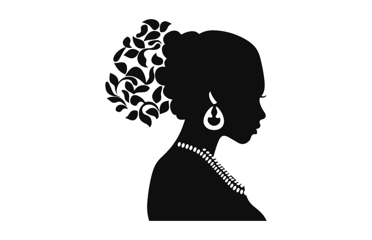 een Dames profiel met bloemen haar- zwart silhouet vector vrij