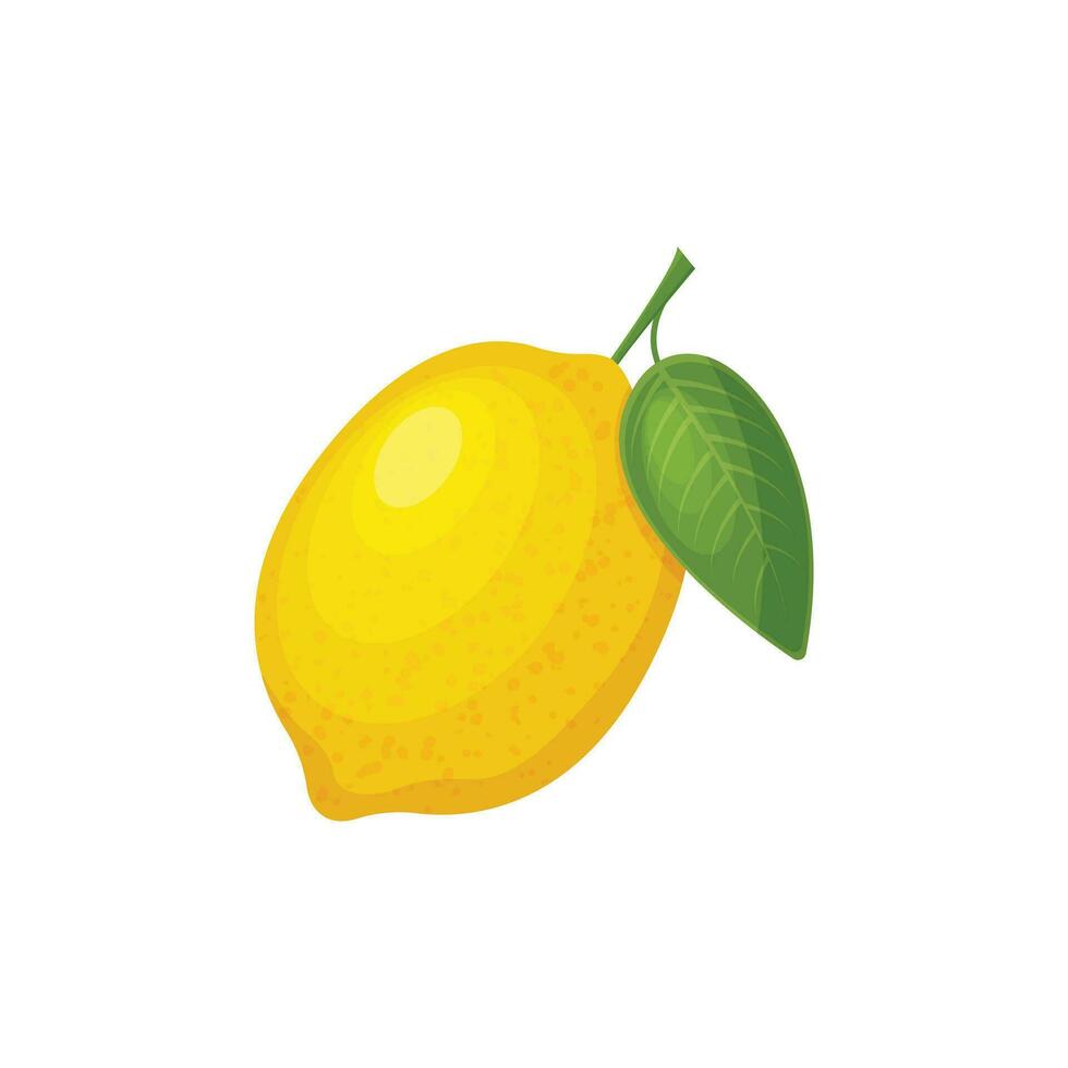 citroen. een geel rijp citroen met een groen blad, in een tekenfilm stijl. tropisch citrus. vector illustratie geïsoleerd Aan een wit achtergrond
