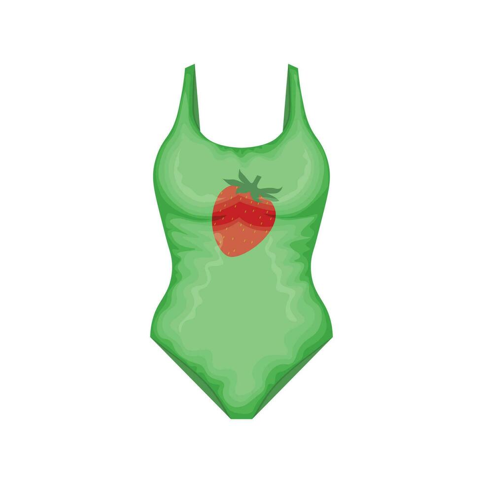 zwempak. Dames s Gesloten zwempak in groen met een aardbei. Dames s strand accessoire. het baden kleren. vector illustratie geïsoleerd Aan een wit achtergrond
