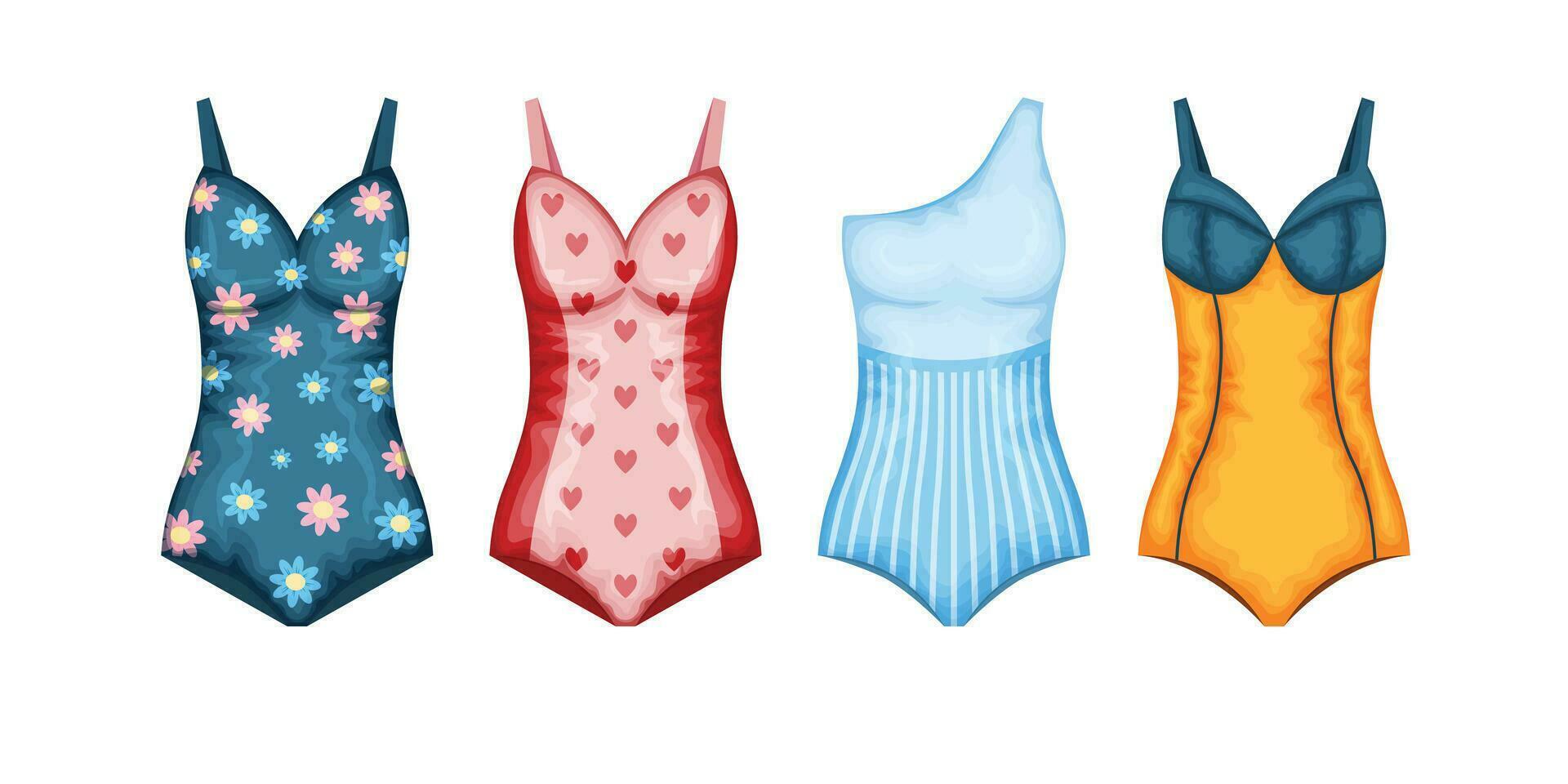 badmode set. een reeks van vier zwemkleding in verschillend kleuren. Dames s strandkleding. een het baden accessoire. vector illustratie