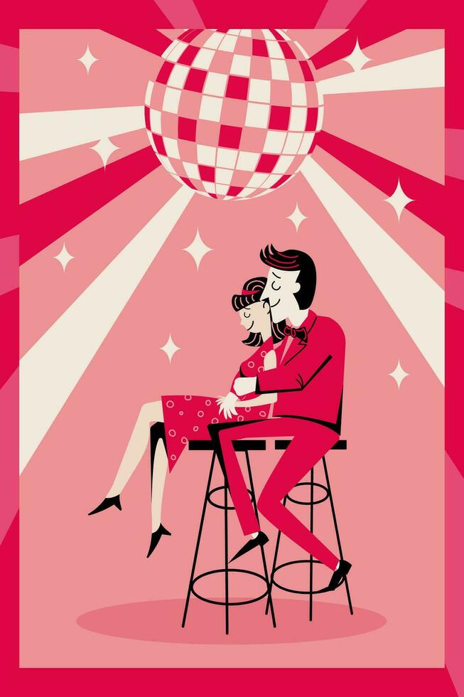 sjabloon voor uitnodiging, banier, poster. liefhebbend paar in een bar Bij een feest. retro stijl. minimalisme. vector