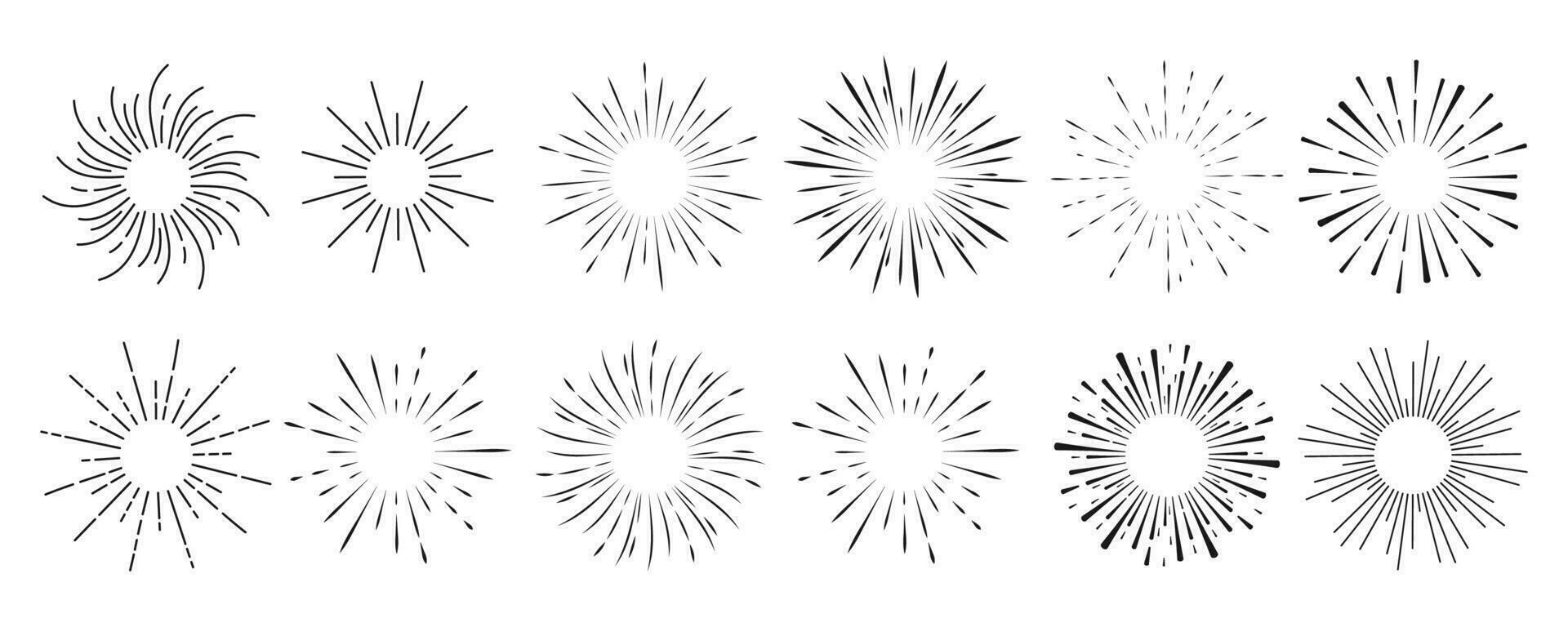 reeks vuurwerk, stralen, zonnestraal kaders cirkel grens decoratie, fonkeling in tekening stijl, lijn schetsen explosie geïsoleerd Aan wit achtergrond. vector illustratie