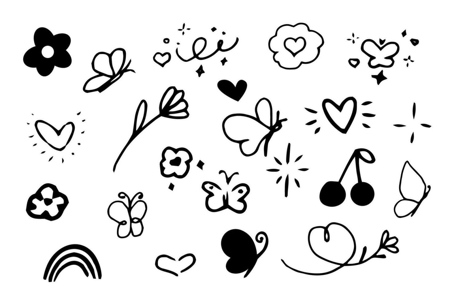vlinder met schattig bloemen, regenboog, barsten reeks in tekening stijl geïsoleerd Aan wit achtergrond. schetsen tekening, tekenfilm. vector illustratie
