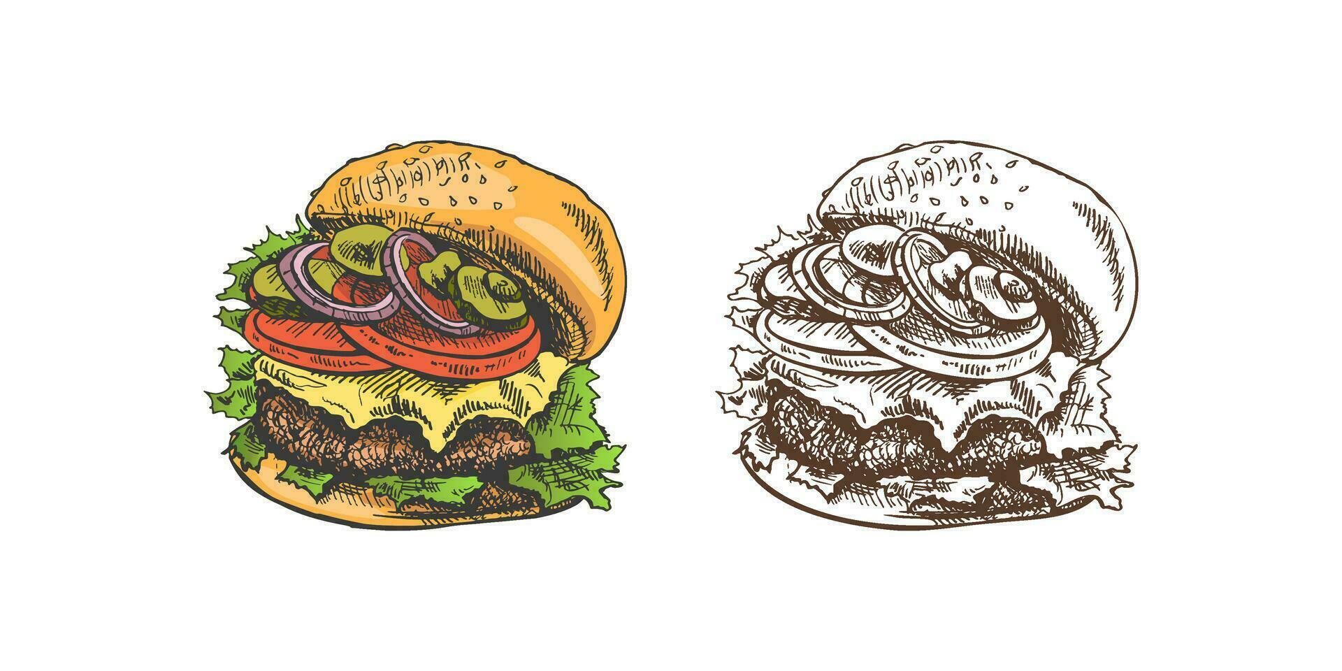 hand getekend gekleurde en monochroom schetsen van Super goed heerlijk boterhammen, hamburgers, hamburgers geïsoleerd Aan wit achtergrond. snel voedsel wijnoogst illustratie. Super goed voor menu, poster of restaurant. vector