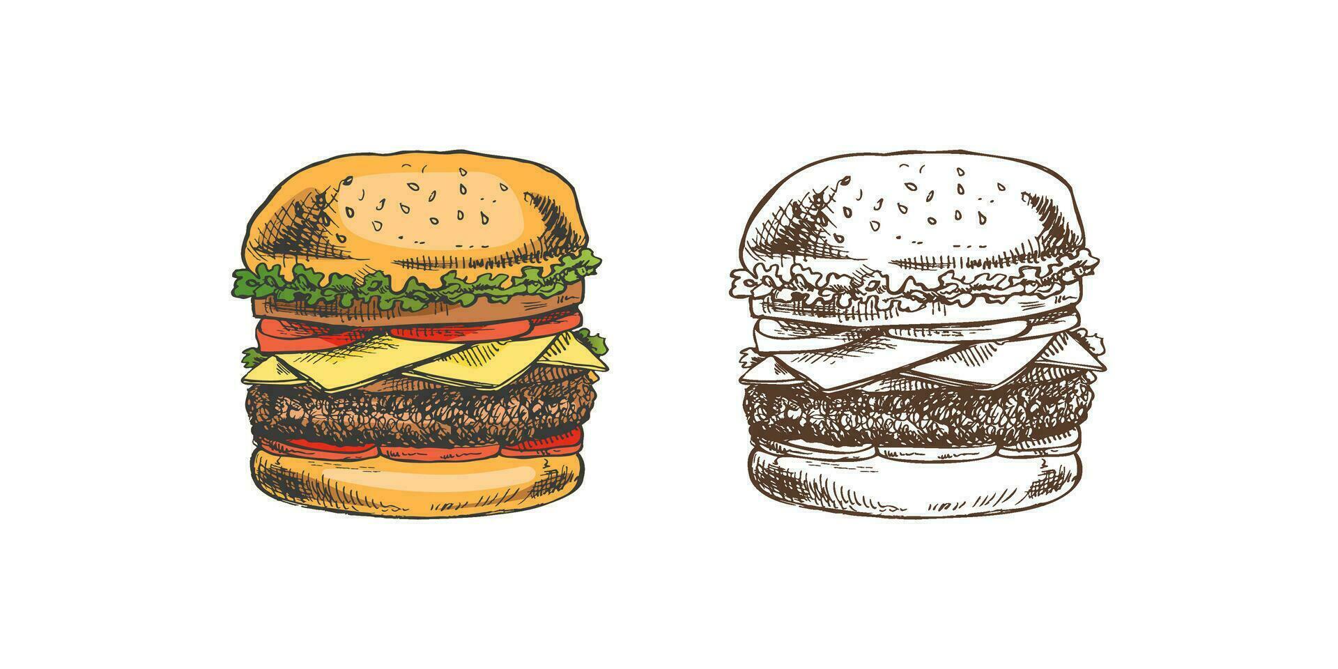 hand getekend gekleurde en monochroom schetsen van Super goed heerlijk boterhammen, hamburgers, hamburgers geïsoleerd Aan wit achtergrond. snel voedsel wijnoogst illustratie. Super goed voor menu, poster of restaurant. vector