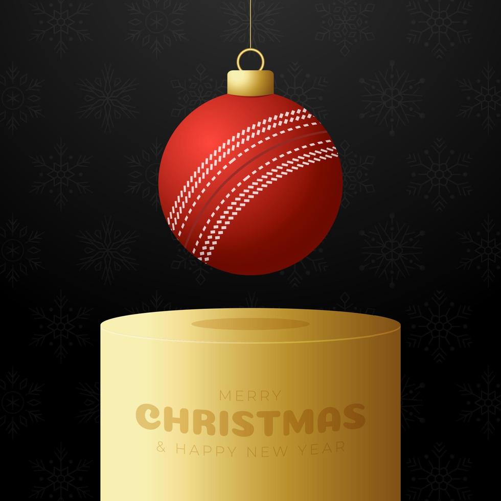 cricket kerstbal sokkel. merry christmas sport wenskaart. hang op een draad cricket bal als een kerst bal op gouden podium op zwarte achtergrond. sport vectorillustratie. vector