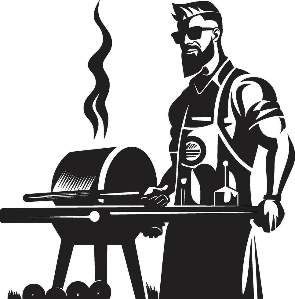 iconisch bbq momenten zwart vector ontwerp vector vlammen Mens barbecueën embleem