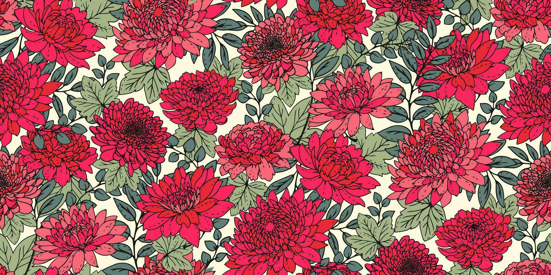 bloeiend helder rood bloemen met klein groen takken bladeren naadloos patroon. artistiek gestileerde weide bloemen afdrukken. vector hand- getrokken. artistiek botanisch illustratie afdrukken. ontwerp voor afdrukken, mode