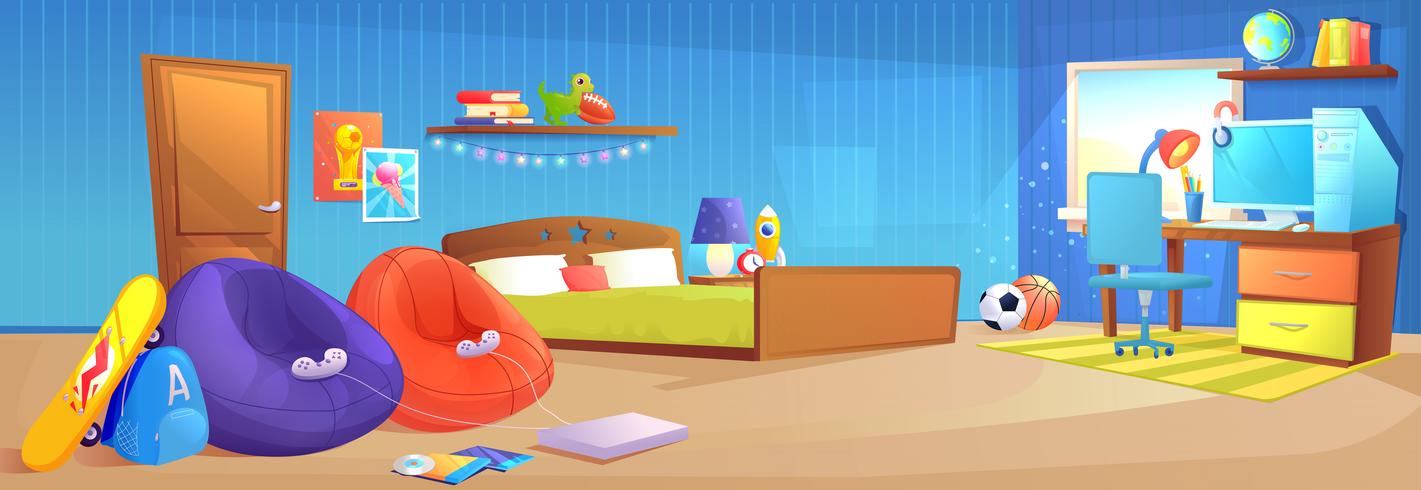 Tiener kamer interieur ontwerp banner. Met bed, werkplek met bureau- en pc-computer, planken en speelgoed en skateboard. Vector cartoon illustratie