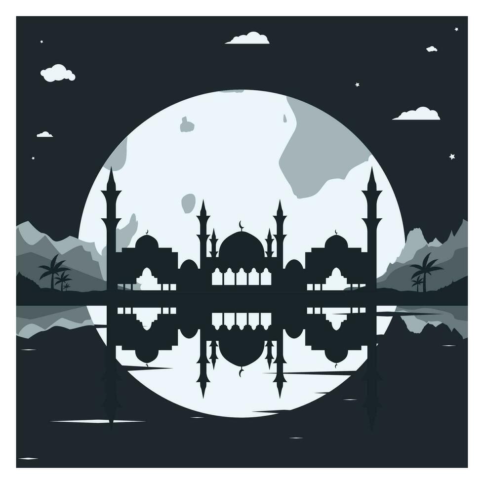 moskee silhouet met bergen en vol maan in de achtergrond vector
