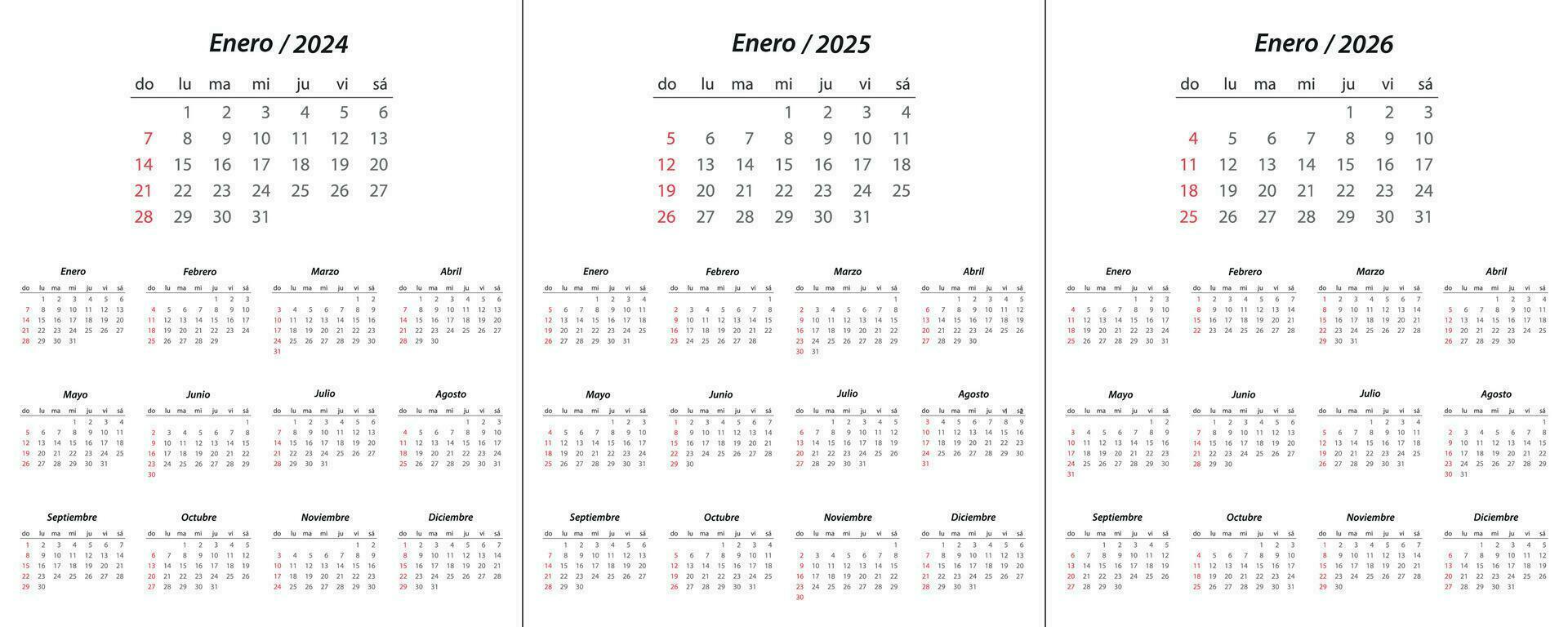 kalender 2024, kalender 2025, kalender 2026 Aan Spaans taal week begin zondag vector
