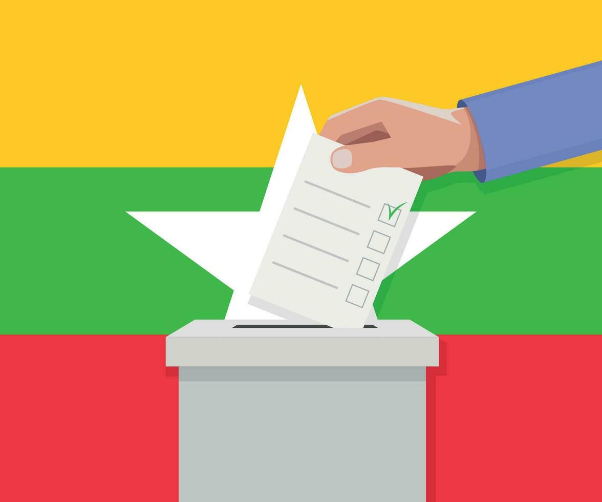 Myanmar verkiezing concept. hand- zet stemmen bulletin vector