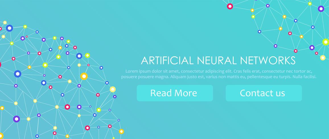 Kunstmatige neurale netwerkenbanner. Een vorm van connectionisme ANNs. Computersystemen geïnspireerd door de biologische neurale netwerken. Vector illustratie