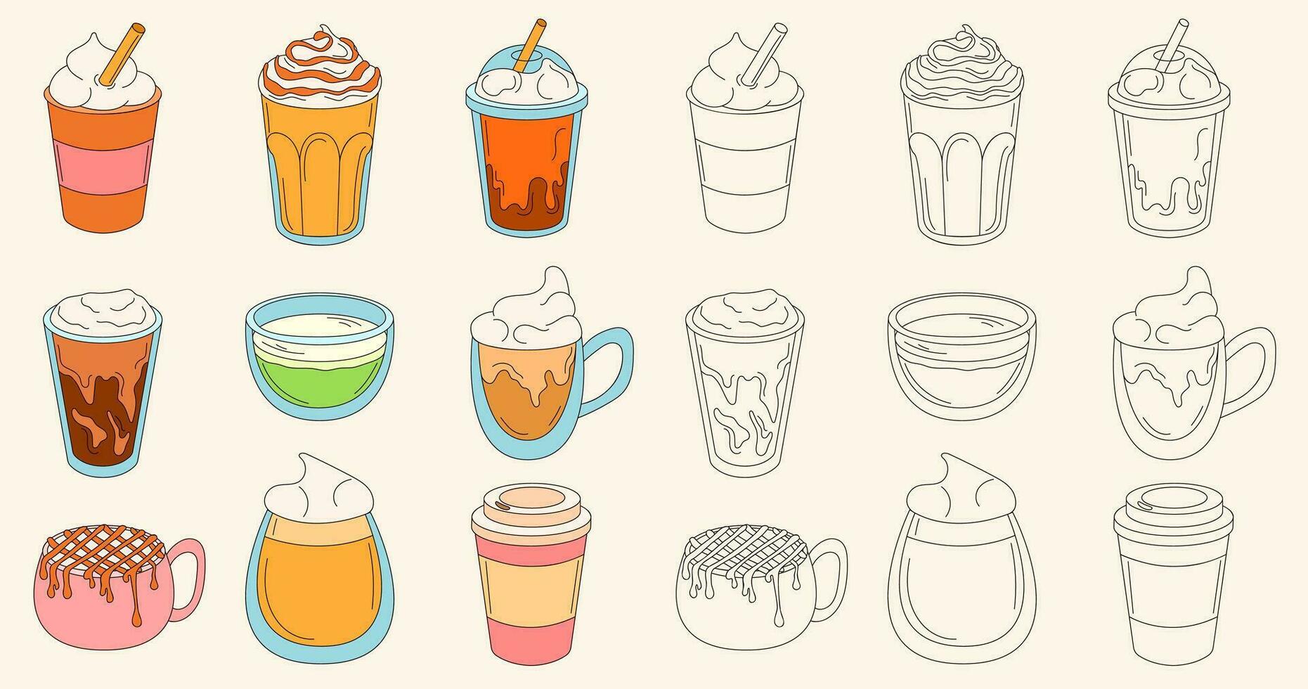 koffie cups reeks in tekening stijl. divers cups lijn kunst stijl getrokken verzameling met room, rietjes, karamel en schuim. vector illustratie geïsoleerd Aan achtergrond.
