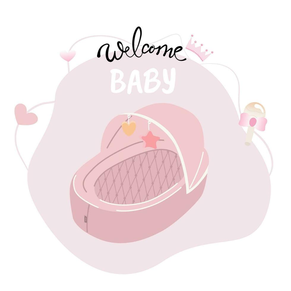 geslacht feest. ergonomisch matras voor een pasgeboren. portable baby ligstoel, kussen, kinderbed. de opschrift Welkom de kind. vector illustratie