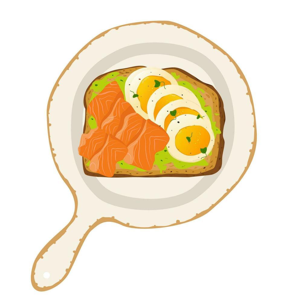 geroosterd brood voor ontbijt met guacomole, Zalm en gekookt ei Aan een bord. krokant brood. gezond ontbijt. Sandwich. vector illustratie.