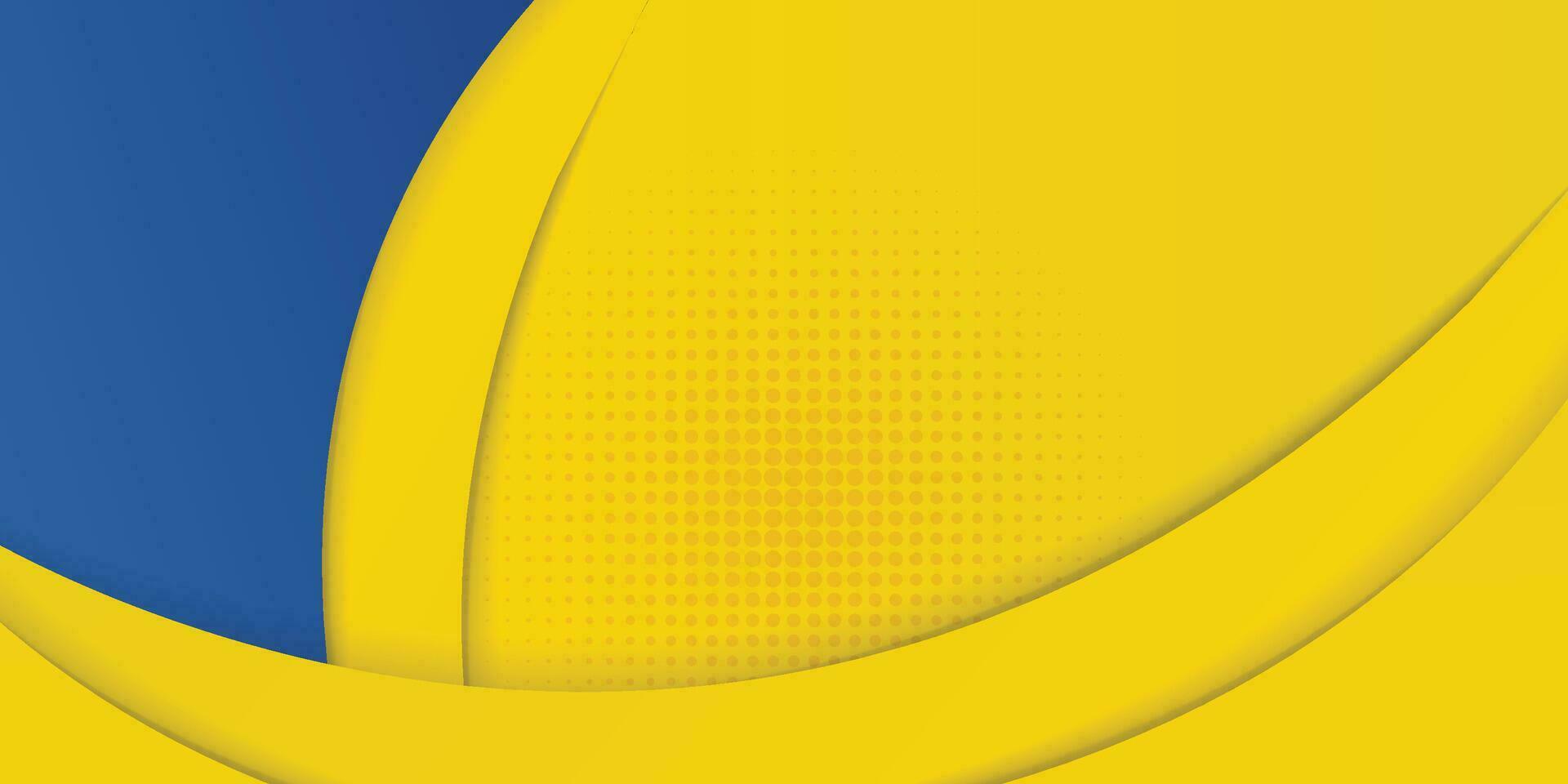 abstract geel en blauw meetkundig kromme overlappen laag achtergrond met halftone dots decoratie. modern horizontaal banier sjabloon ontwerp. pak voor omslag, kop, poster, banier, website, bedrijf vector