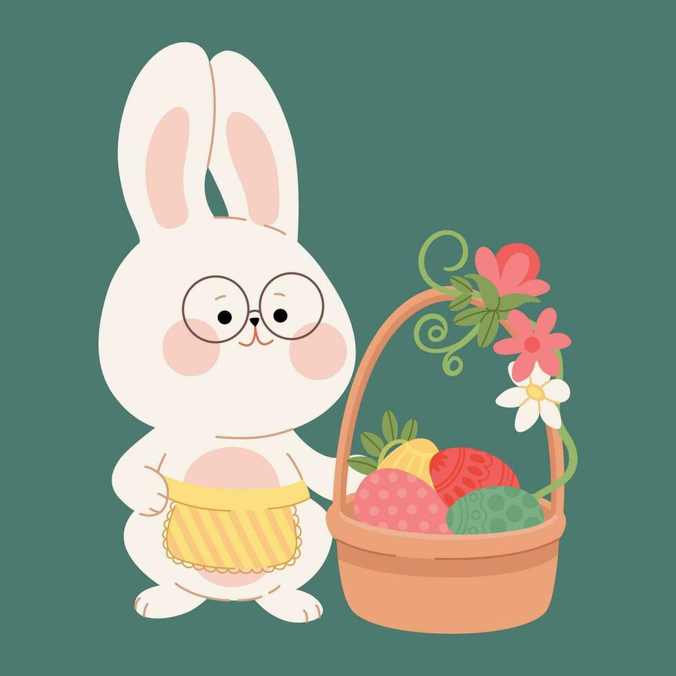 een schattig wit Pasen konijn konijn en mand met geschilderd eieren. vlak tekenfilm karakter voor gelukkig Pasen groet kaart, uitnodiging, sticker, web ontwerp, spandoek. vector illustratie van Pasen symbolen.