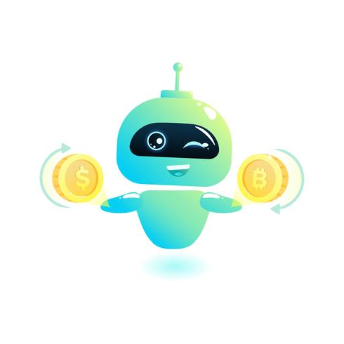 Leuke bot Valutawissel. Chatbot begroet. Online consultatie. Vector cartoon illustratie