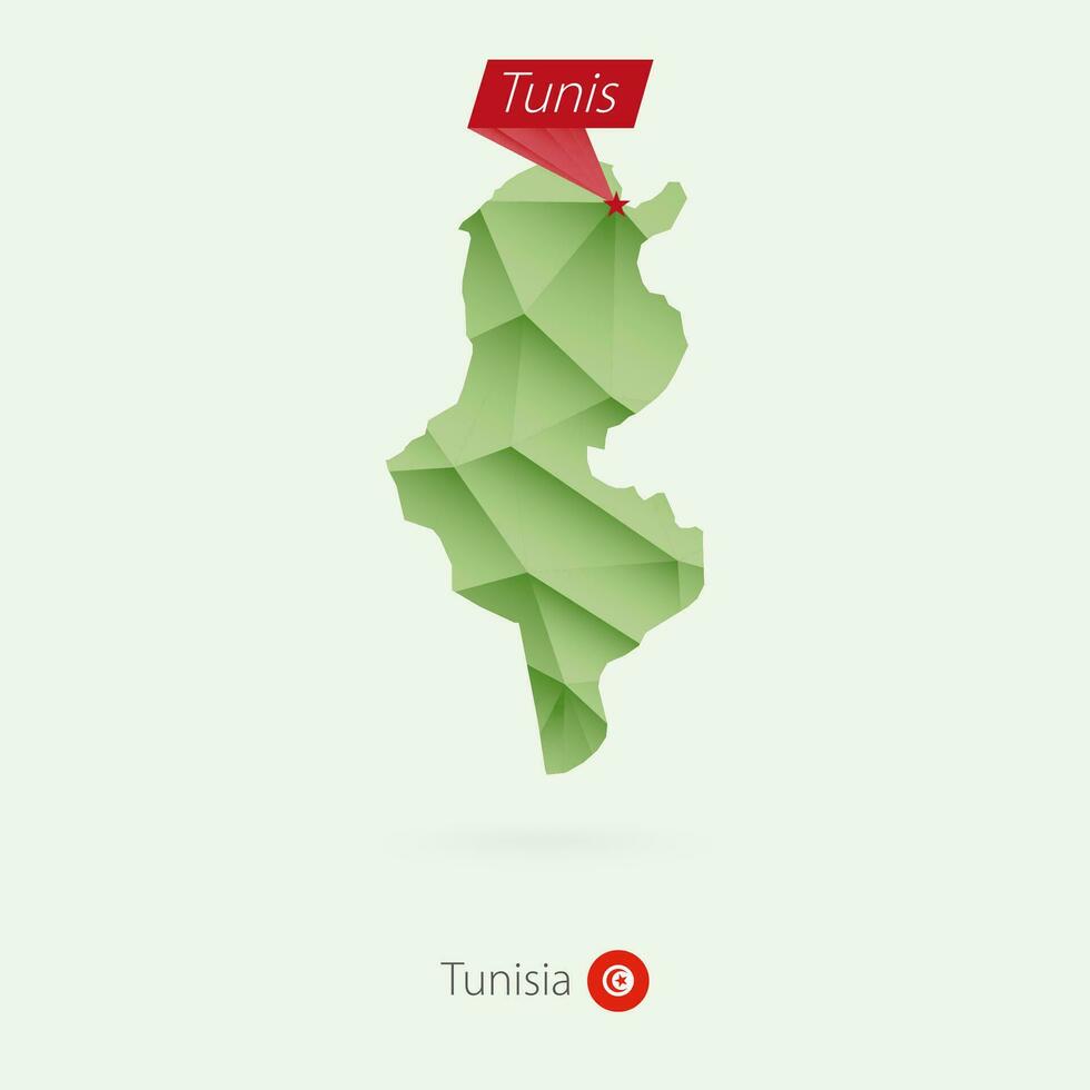 groen helling laag poly kaart van Tunesië met hoofdstad Tunis vector