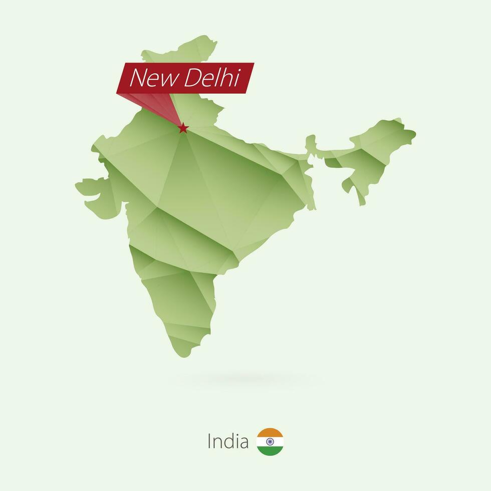 groen helling laag poly kaart van Indië met hoofdstad nieuw Delhi vector