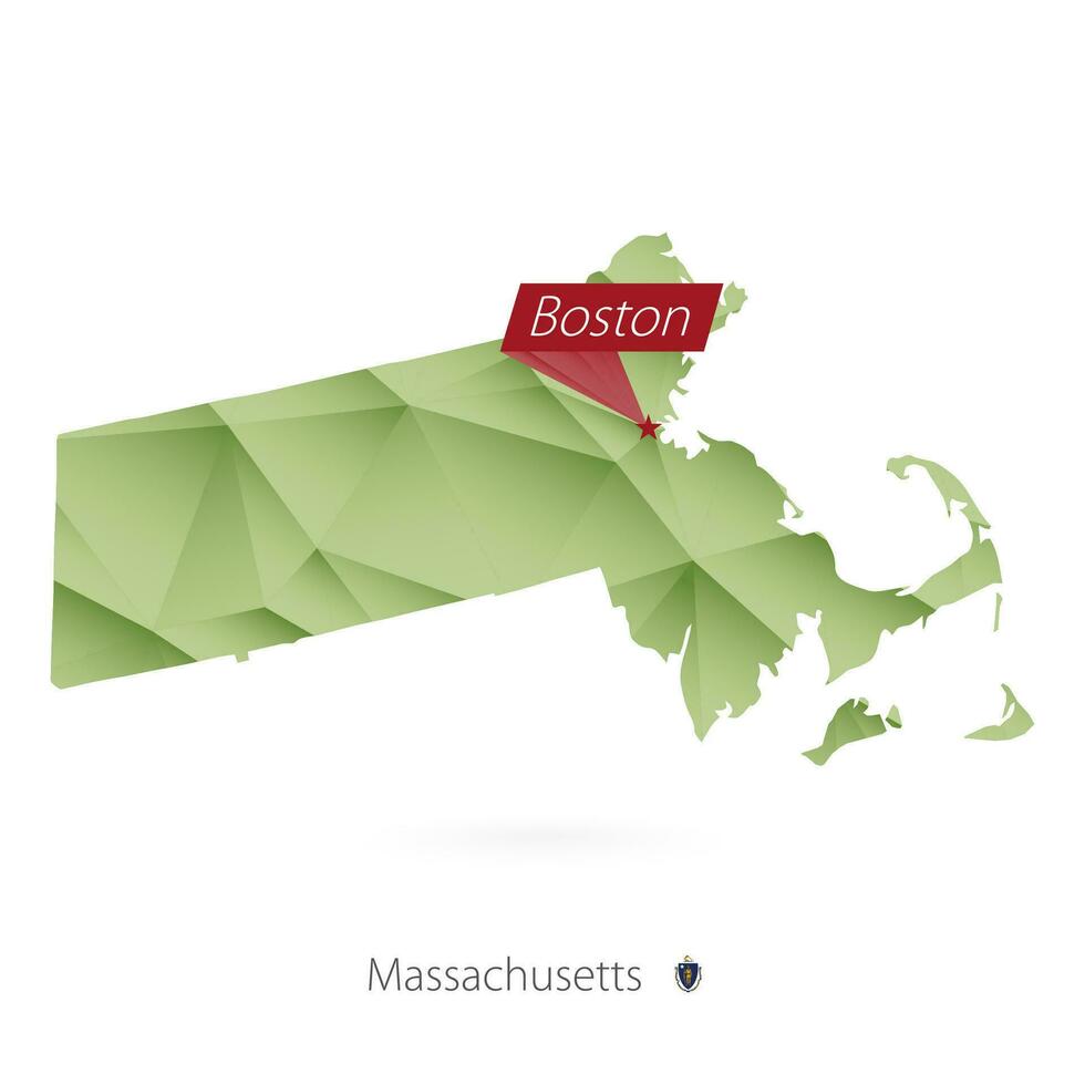 groen helling laag poly kaart van Massachusetts met hoofdstad Boston vector