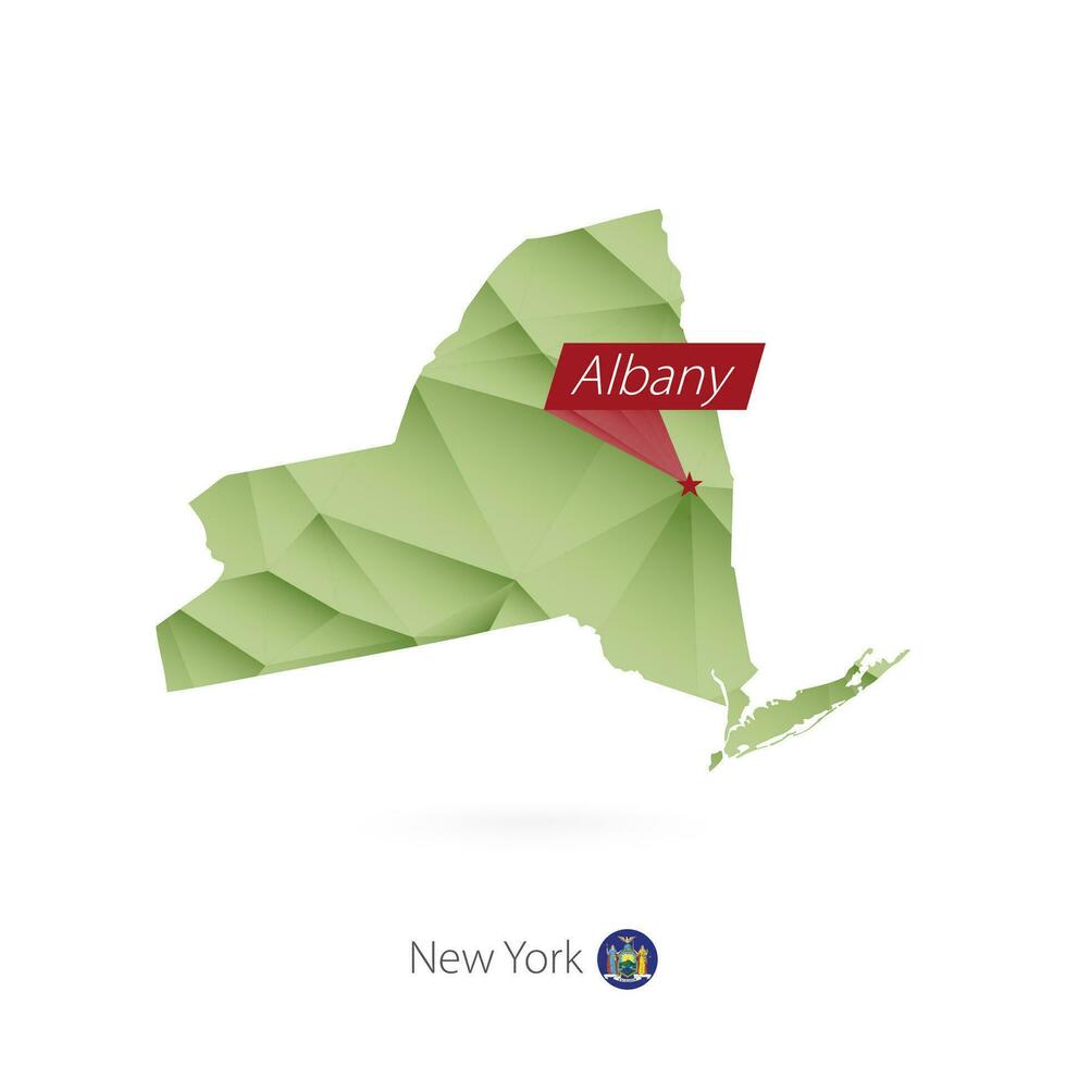 groen helling laag poly kaart van nieuw york met hoofdstad albany vector