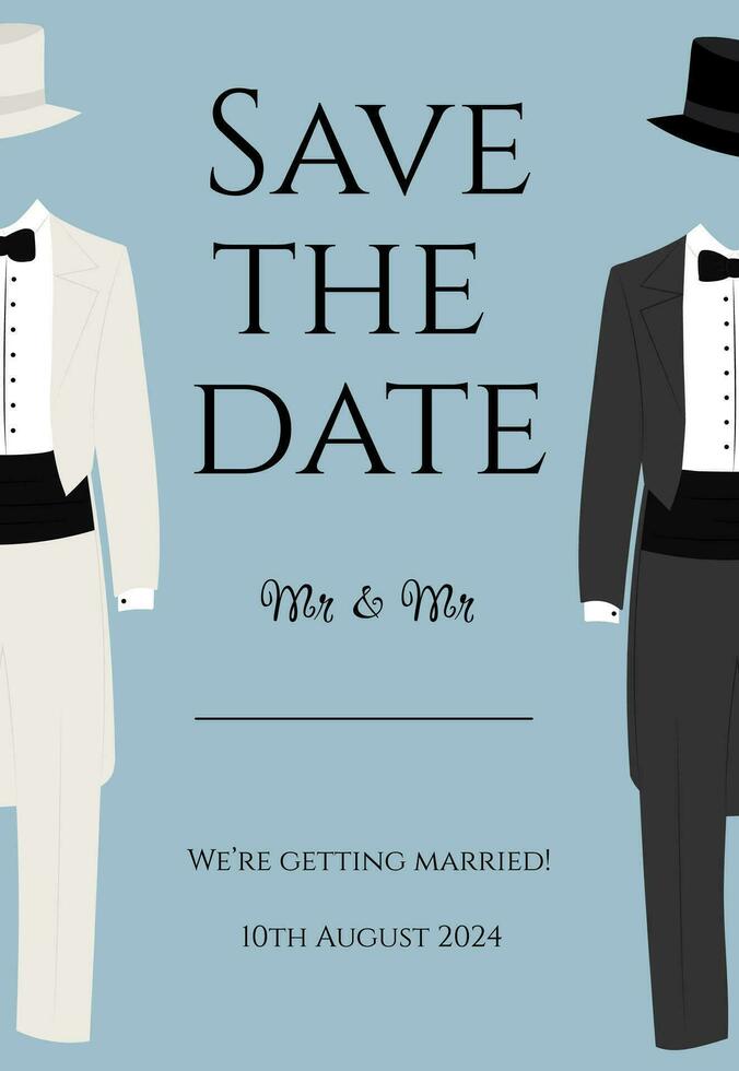bruiloft uitnodiging voor de bruiloft van twee mannen met twee zwart en wit slipjassen. vector