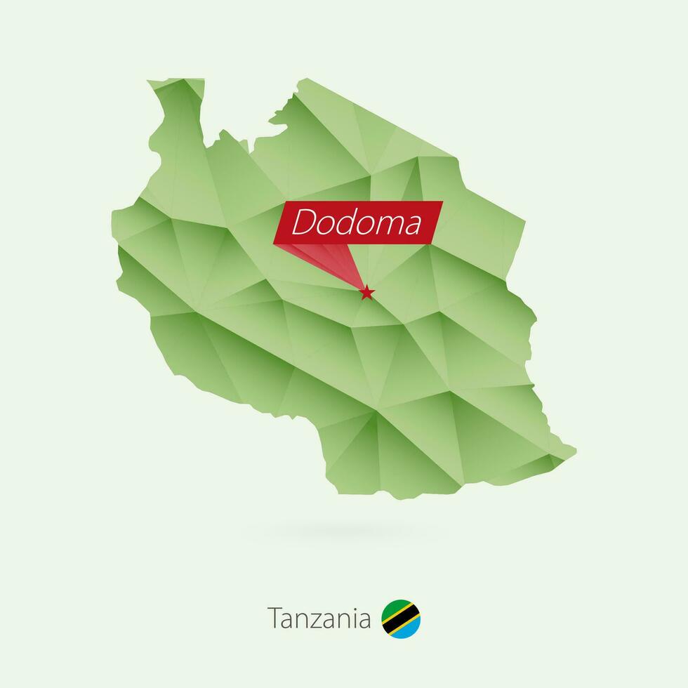 groen helling laag poly kaart van Tanzania met hoofdstad dodoma vector