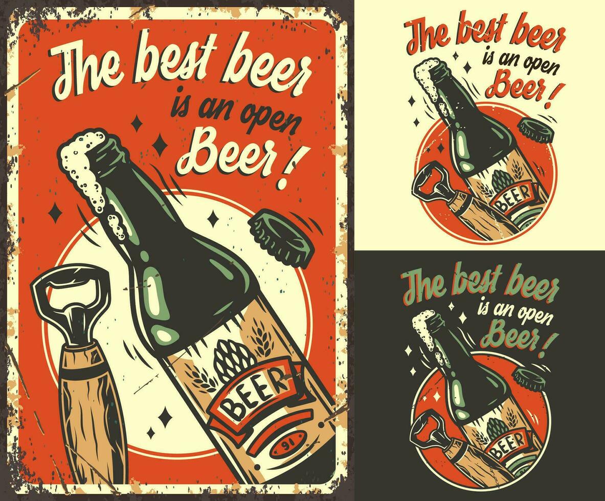 reeks van poster, afdrukken met bier fles en opener vector