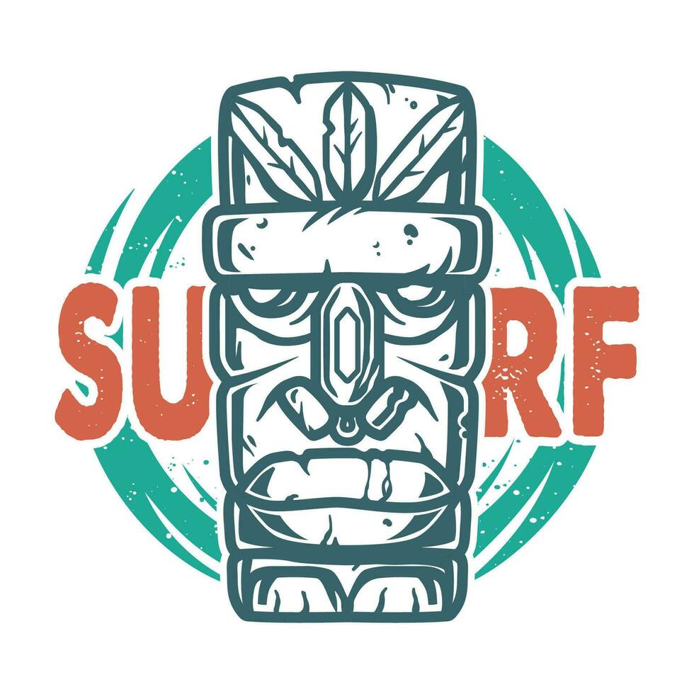 surfing afdrukken van steen tiki masker, gezicht afgod vector