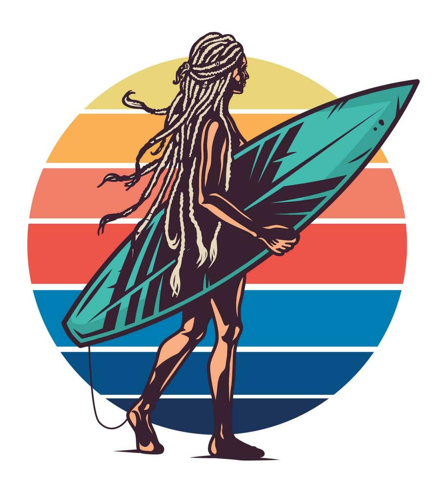 silhouet van meisje surfer Aan strand, surfing bord vector