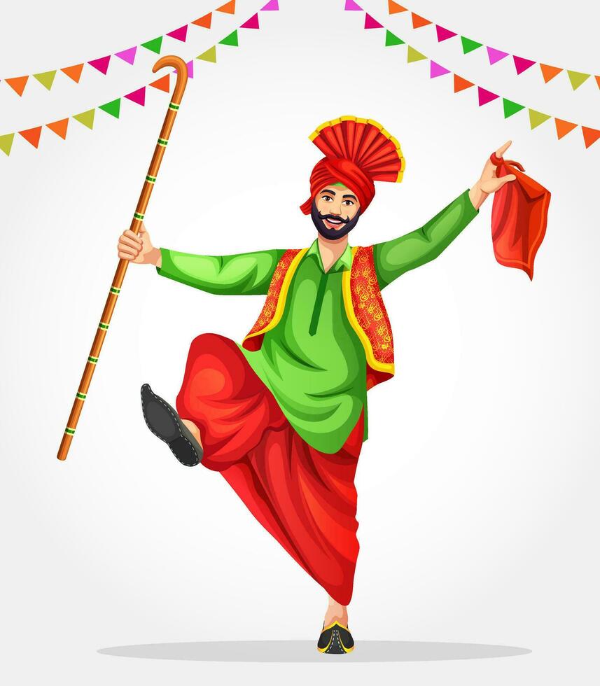 een bhangra danser presteert volk dans met Punjabi bhangra prop kunda of daag. vervelend etnisch Punjabi kleren. Sikh Punjabi Mens dansen volk dans bhangra Aan gelegenheid Leuk vinden lohri of baisakhi vector