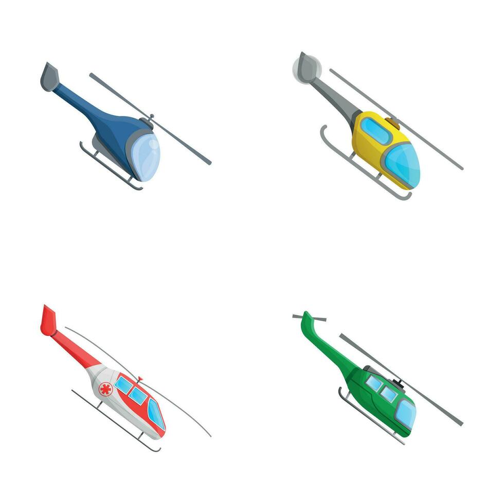 draagschroefvliegtuigen pictogrammen reeks tekenfilm vector. civiel en leger helikopter vector