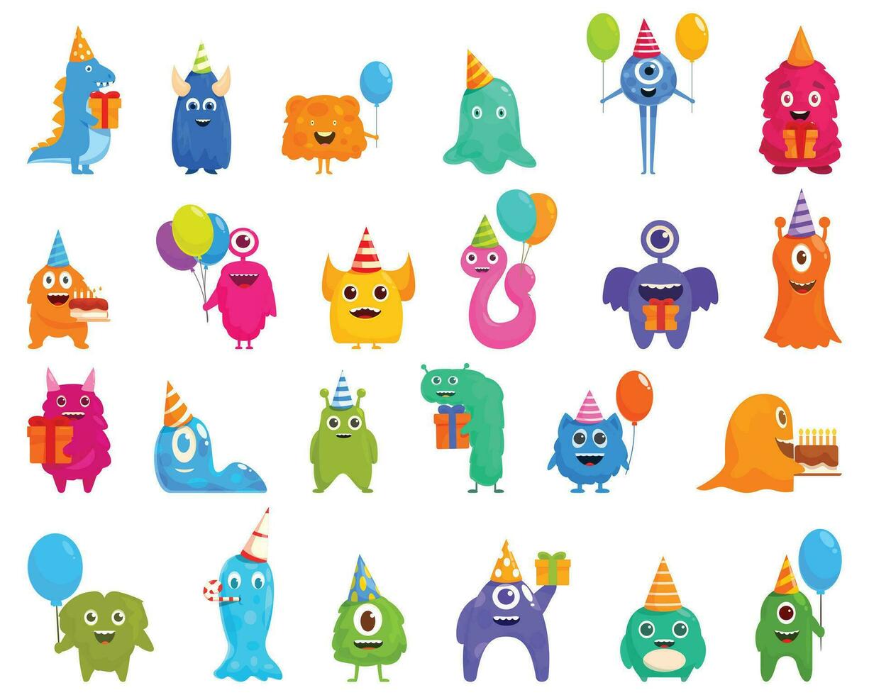 monster verjaardag partij pictogrammen reeks tekenfilm vector. koekje ballon vector