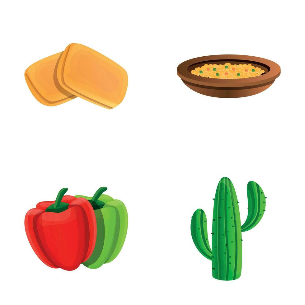 traditioneel keuken pictogrammen reeks tekenfilm vector. Mexicaans schotel en groente vector