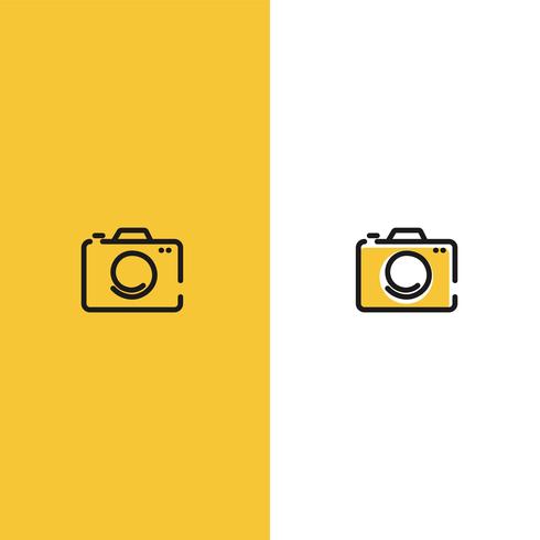 Creatief logo met fotocamera. Teken voor de fotograaf. Zwarte lijn met gele achtergrond plat modern logo vector