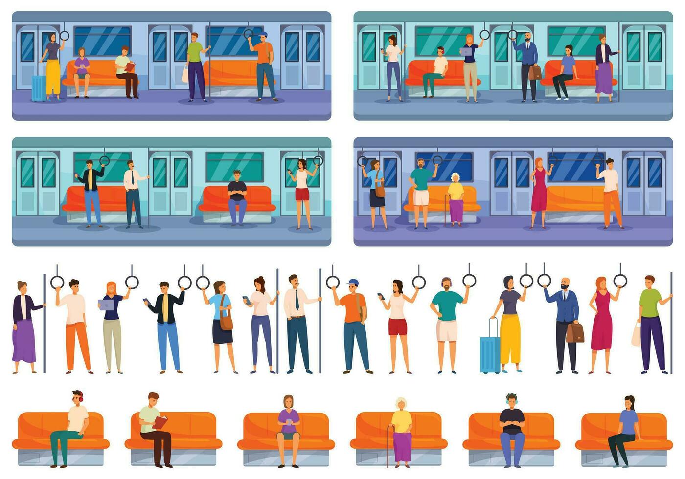 mensen binnen metro pictogrammen reeks tekenfilm vector. vervoer reizen vector