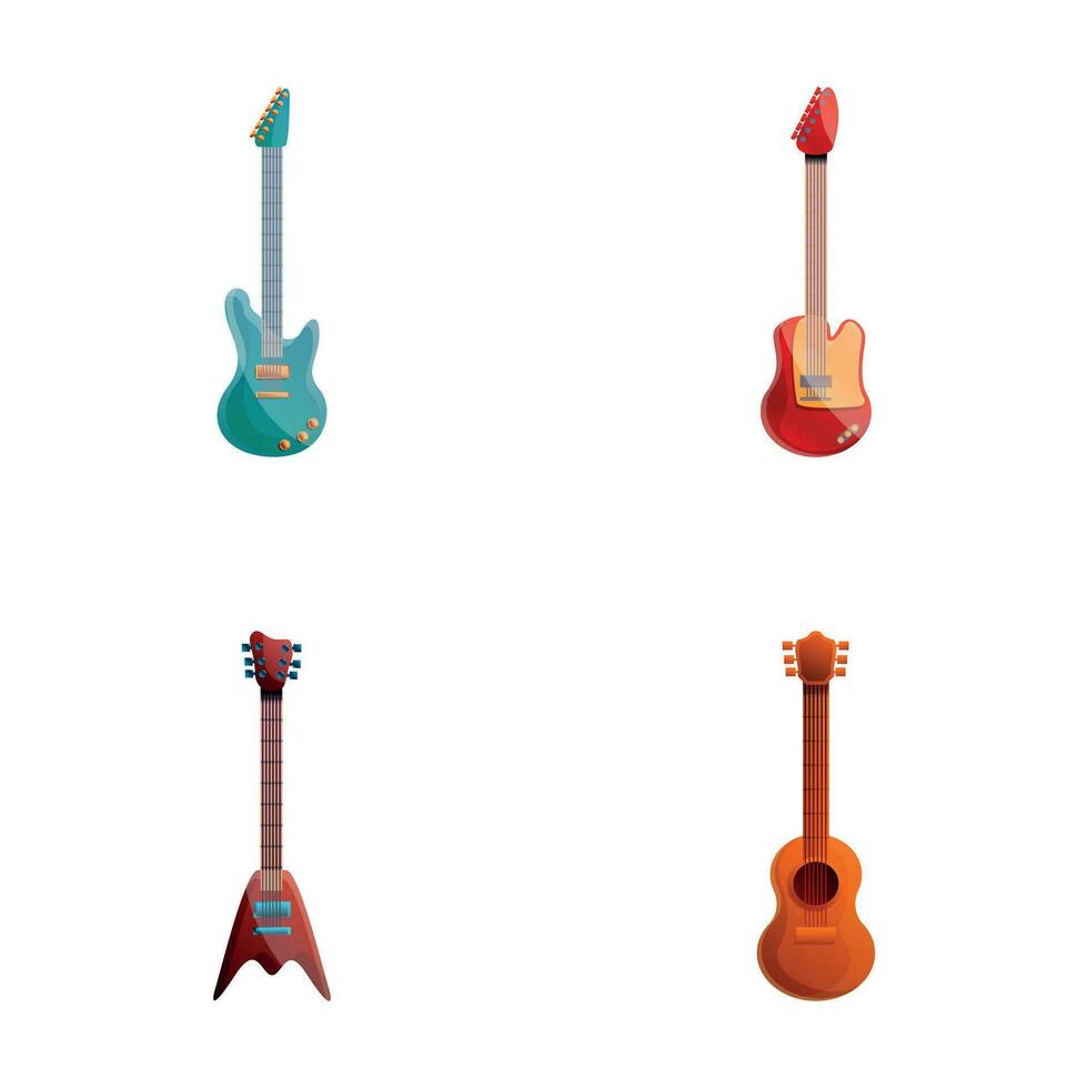 nieuw gitaar pictogrammen reeks tekenfilm vector. klassiek en elektrisch gitaar vector