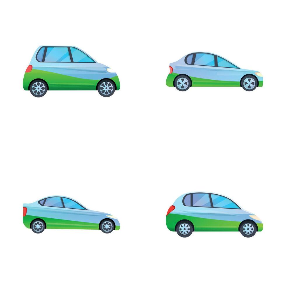 elektrisch auto pictogrammen reeks tekenfilm vector. duurzame groen en hernieuwbaar macht vector